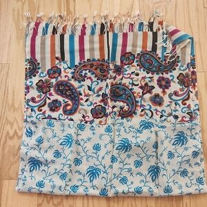 NWOT Blue and Pink Floral Scarf with Stripes and Paisley Design